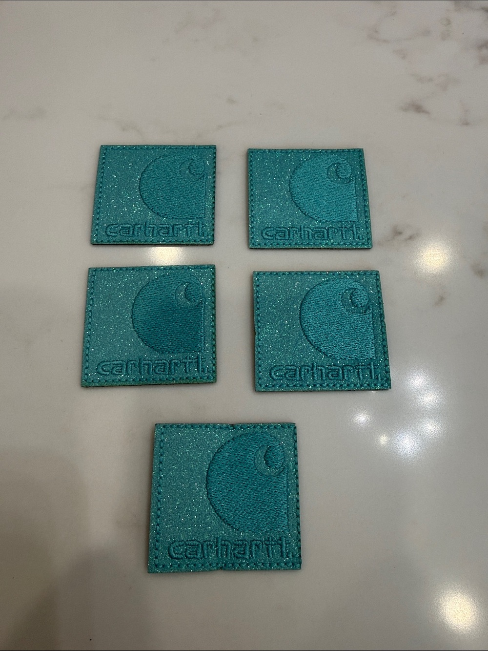 Hand Crafted Iron on Teal Glitter Square Logo Patches